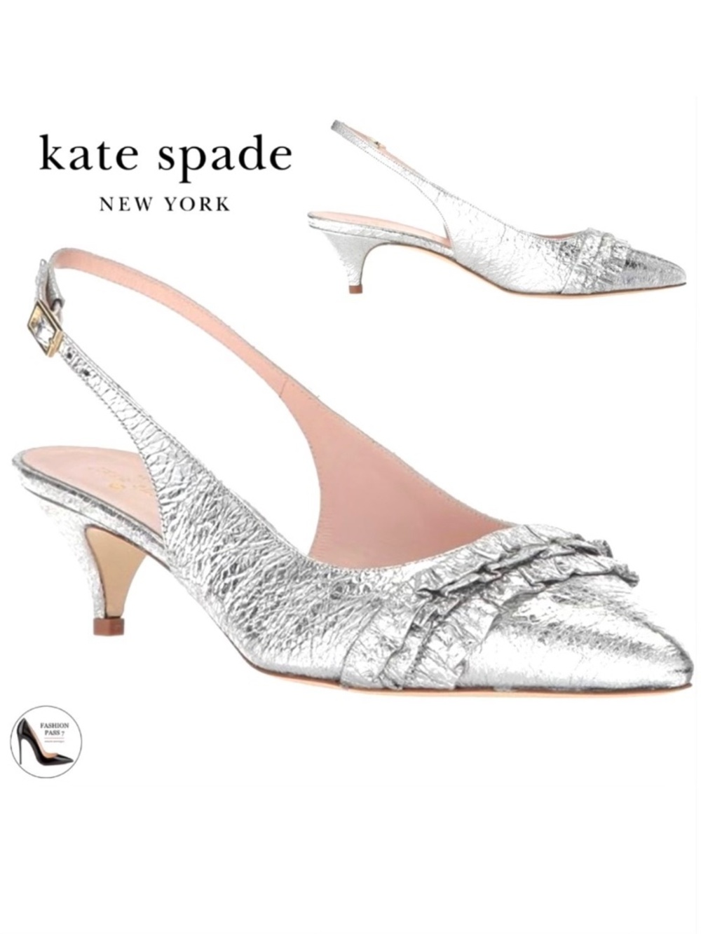 Kate Spade OLIENE Silver Leather Ruffle Pointed Toe Slingback Kitten Heel Pump 6